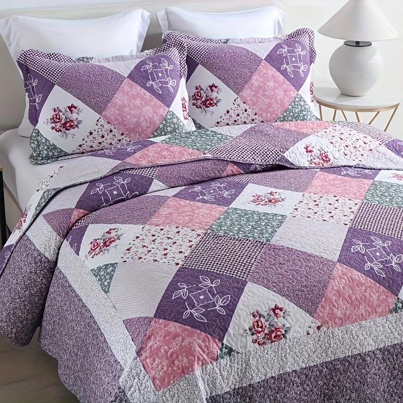 TEMU 3pcs Quilt Set Purple Floral Pattern Stitching Bedding Set For All Season, Soft Comfortable Quilt For All Season, Queen Size, King Size,