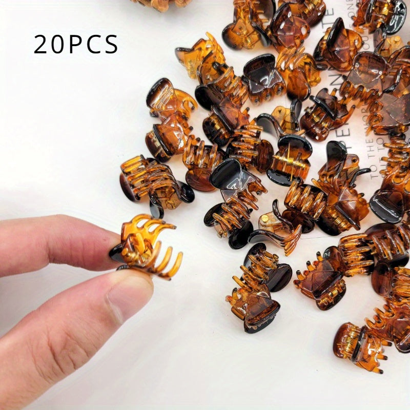 TEMU 20-pack Mini Hair Claw Clips Set, Vintage Oblong Shape, Solid Color, Plastic, Assorted Black & Coffee, Small Hair Accessories For Bangs And Side
