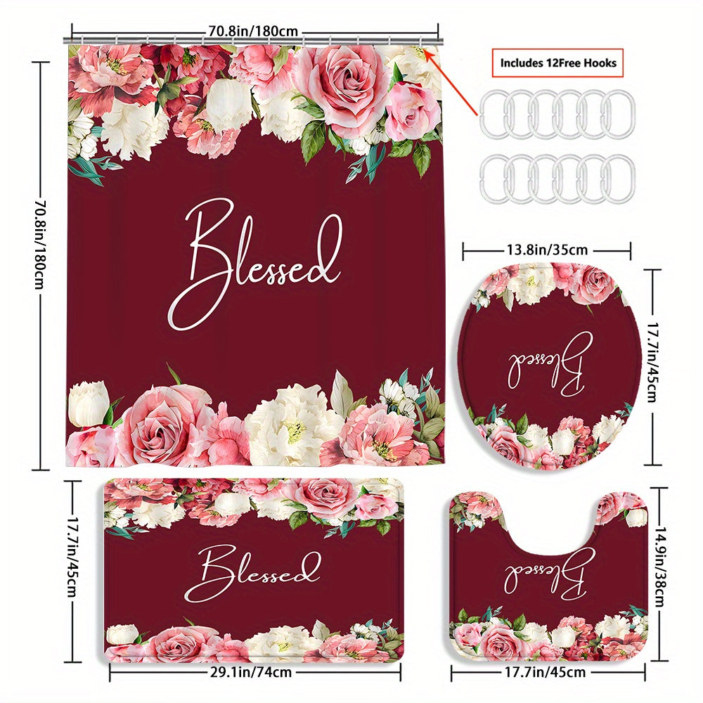 TEMU 4pcs Artistic Text And Rose Flower Curtain Shower Curtain Decoration, Beautiful Housewarming Gift Decoration, Waterproof Shower Curtain And