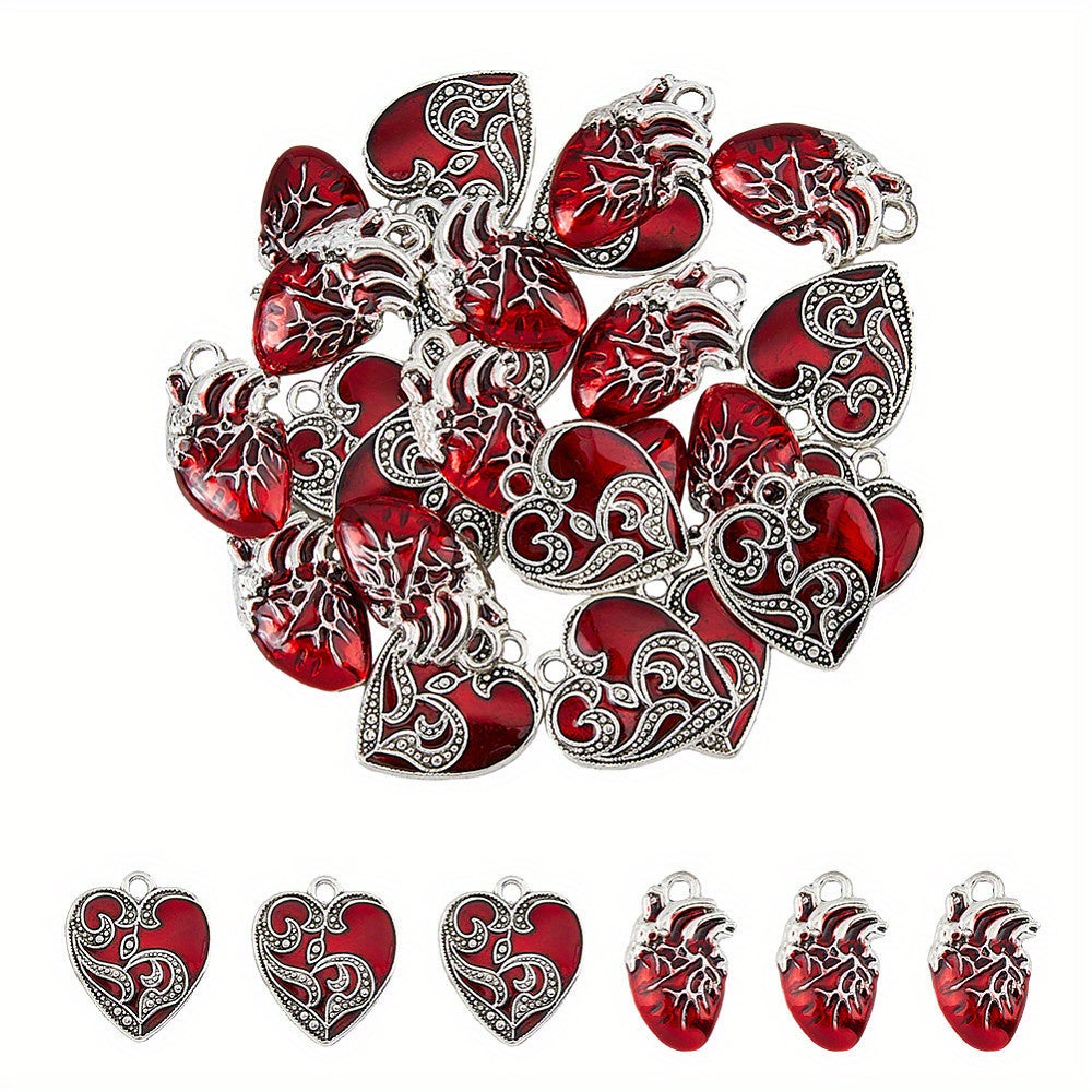 TEMU Olycraft 1box 24pcs 2 Style Alloy Enamel Pendants, Heart Charm, Silvery 24~25x16~20x2~4mm, Hole: 2.2~2.5mm, 12pcs- Style