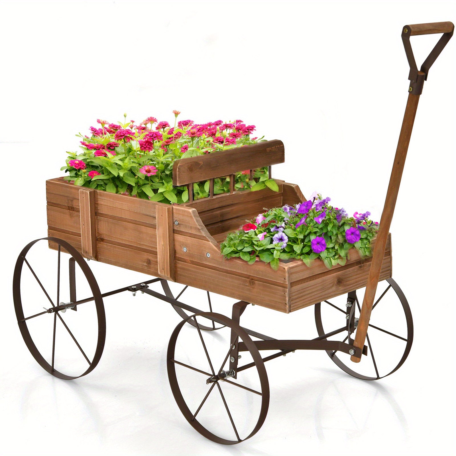 TEMU Gymax Wooden Garden Flower Planter Wagon Plant Bed W- Wheel Garden Yard Brown