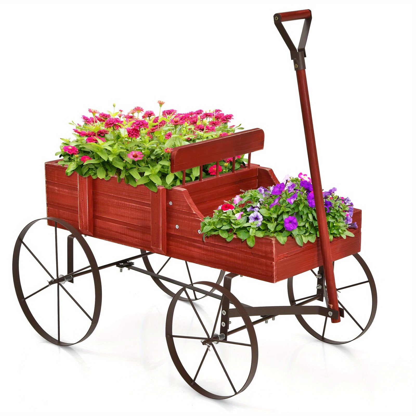 TEMU Gymax Wooden Garden Flower Planter Wagon Plant Bed W- Wheel Garden Yard Red