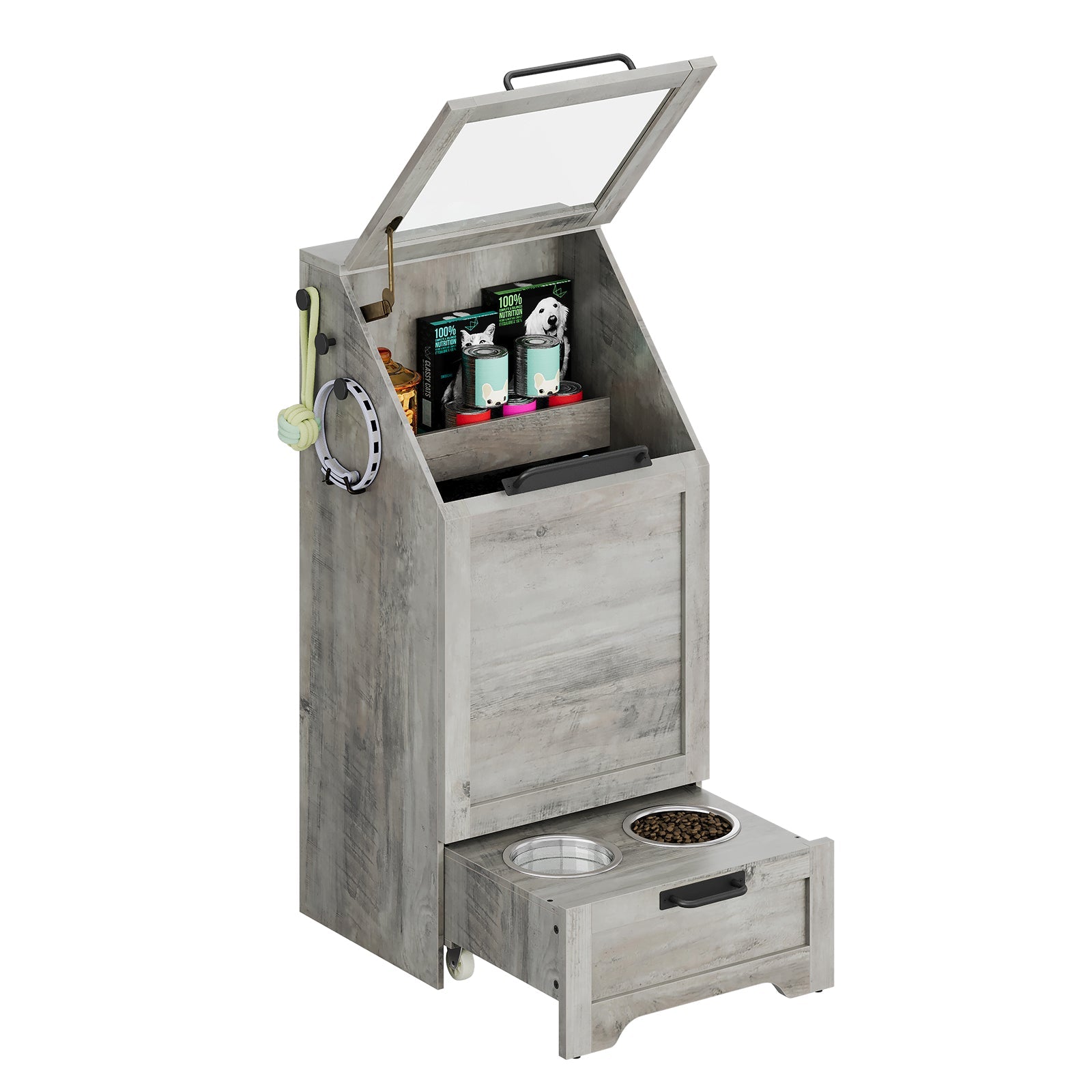 Garvee Pet Food Cabinet,Dog Feeding Station with 2 Elevated Dog Bowls, Dog Food Storage Cabinet,Dog Food Storage Container,Pet Toy Storage Organizer,M