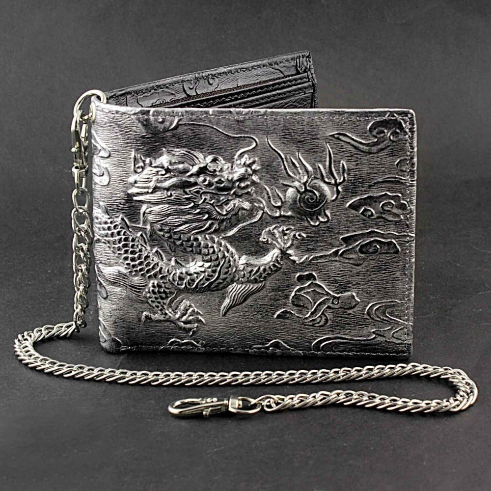 TEMU Men's Dragon Vintage Silvery Gray Leather Wallet Card Holder Purse With Chain