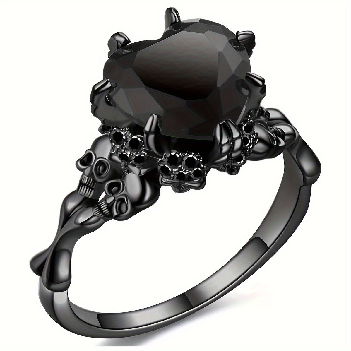 TEMU Gothic Black Double Skull Ring With Red Heart-shaped Crystal – Vintage Women’s Jewelry For Parties, Weddings, And Casual Attire,