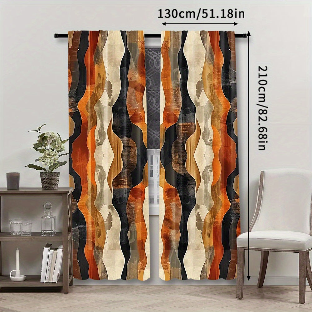 TEMU 2pcs African Fabric Print Curtains - Stylish Rod Pocket Window Drapes With Ripple Design In Shades Of Brown, Black, Beige & Orange For Bedroom &