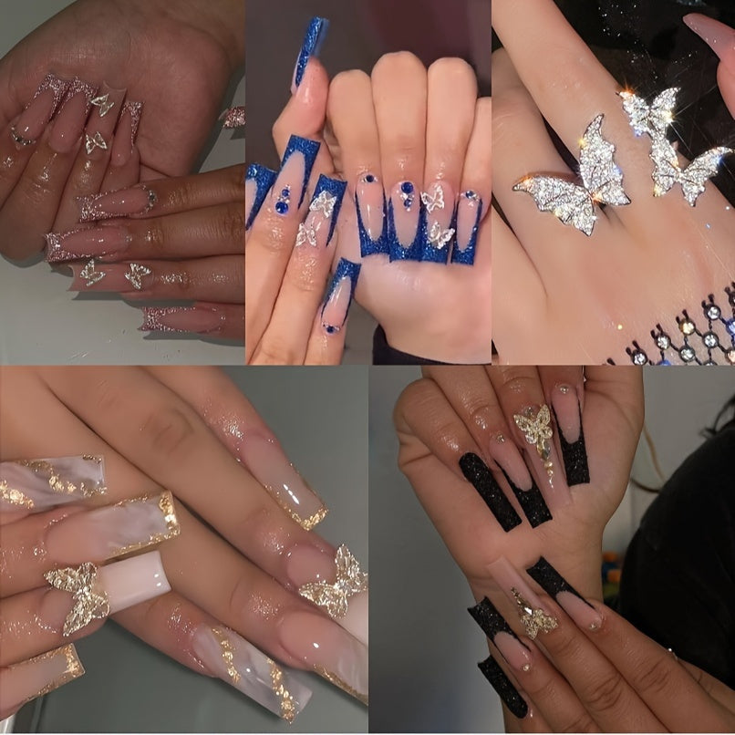 TEMU 96pcs Nail Press Ons Long Press On Nails + Ringcoffin Fake Glossy Ombre Acrylic False Nails With 3d Designs Golden Glitter Powder Artificial