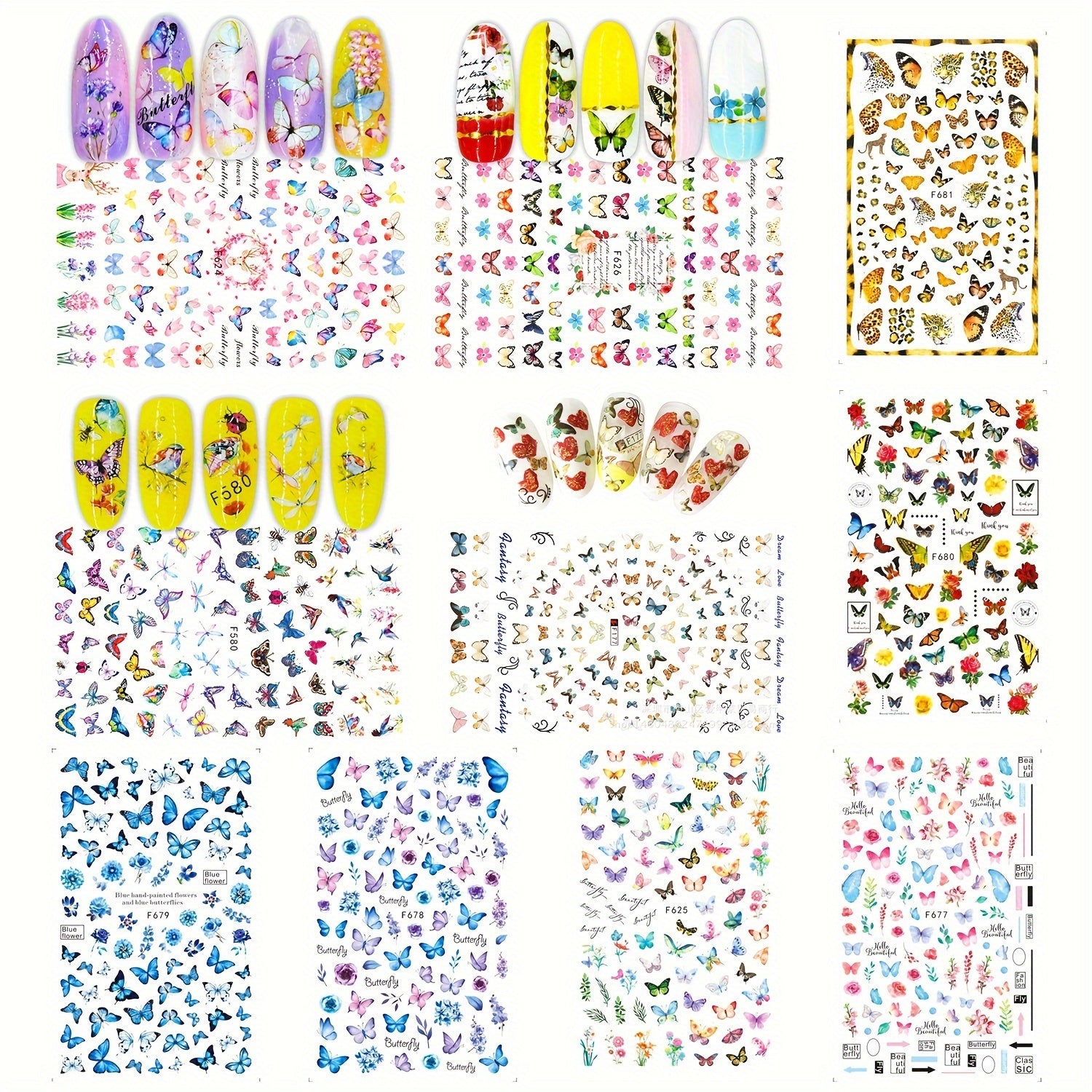TEMU 20 Sheets Nail Stickers Self-adhesive Nail Art Decals Nail Designs Butterflies Flowers Pattern Decorations For Nail Art Supplies