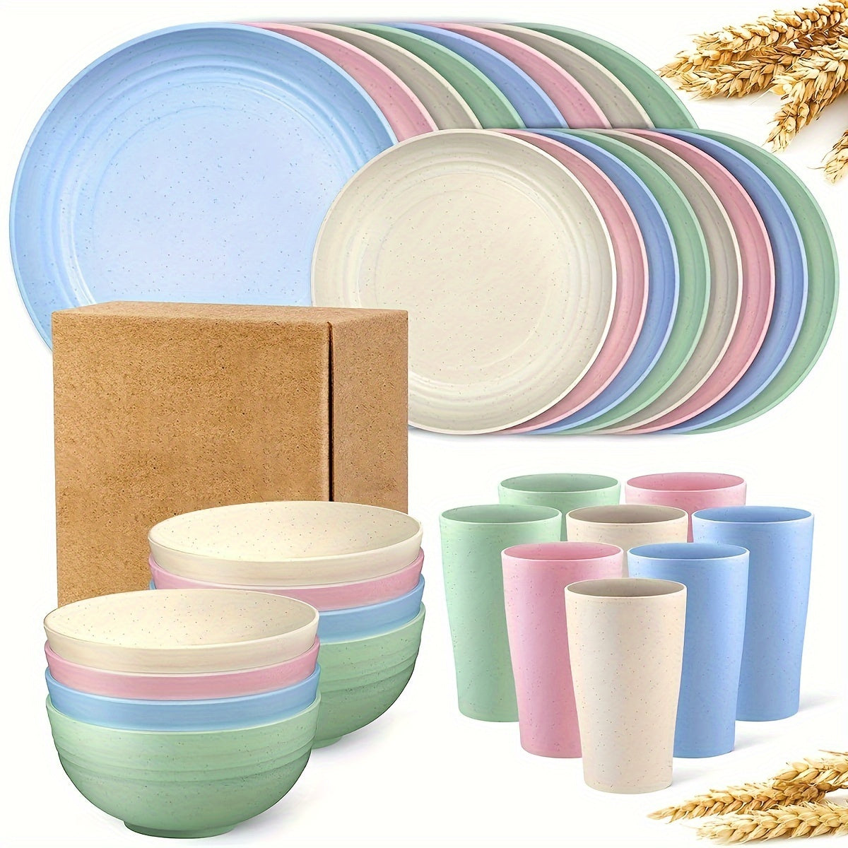 TEMU 32pcs Wheat Straw Dinnerware Sets For 8, Plastic Plates And Bowls Sets, Unbreakable Dinnerware, Lightweight Plastic Plate Set, Dinner Plates,