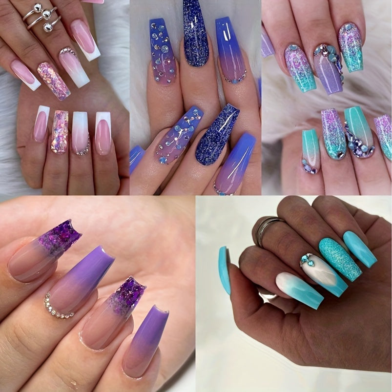 TEMU 5 Pack Medium Coffin Press On Nails Blue Purple Green Pink Gradient Fake Nails, Glossy Glue On Nails, Glitter Artificial False Nails With Double