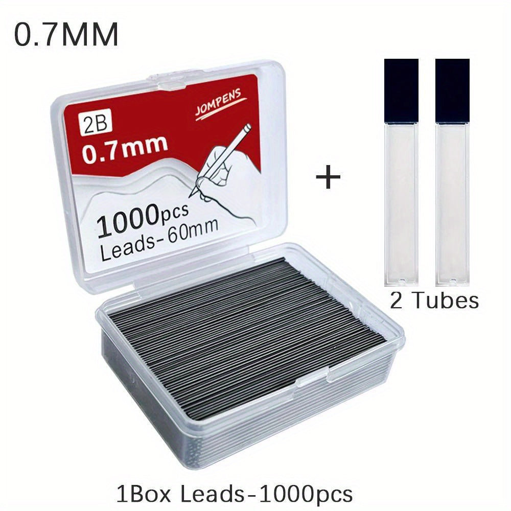 TEMU 1000pcs 2b Mechanical Pencil Leads, 0.5-0.7mm, 60mm With Built-in Sharpener - Ideal For Art & Drafting, Includes Refill Tubes