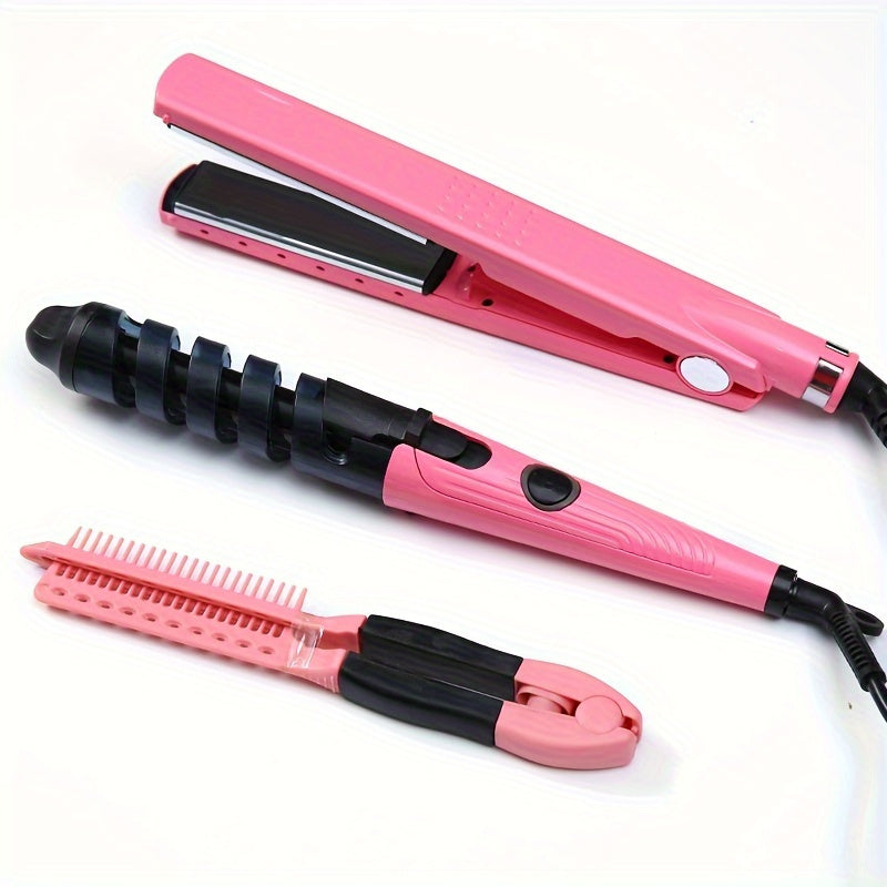 TEMU 3pc Hair Straightener Set, Hair Straightener Flat Iron, Hair Curler, V-shaped Comb, Hair Salon -function Hairdressing Tool Women's Gift Suitable
