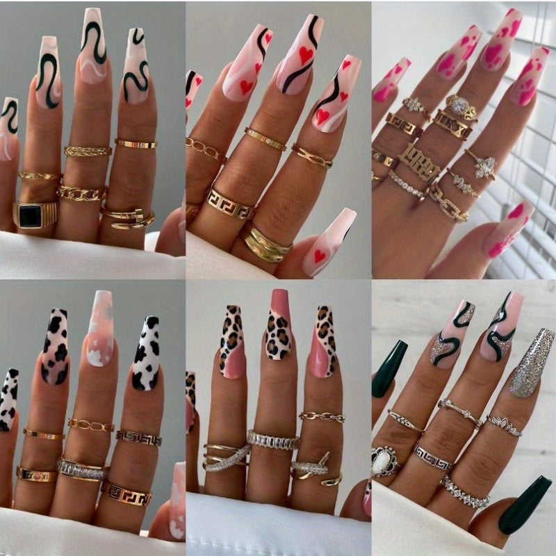 TEMU 144pcs (6 Pack) Long Press On Nails Cow Print Design Nails Ballerina Full Cover Artificial Nails Glossy Fake Nails For Women And Girls