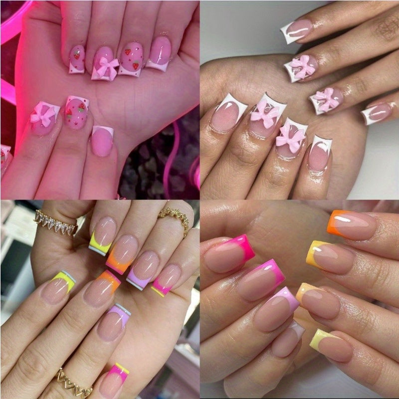 TEMU 96pcs Press On Nails Short Square French Tip Fake Nails Pink Full Cover Strawberry False Nails With Bow Charm Designs Glossy Glue On Nails Cute