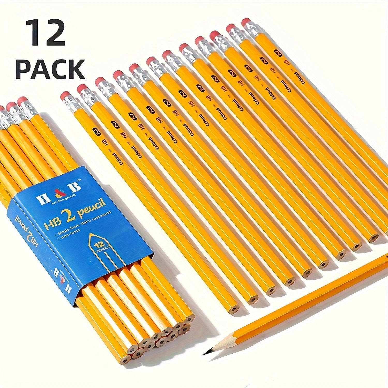 TEMU 12pcs Hb Hexagon Wooden Pencils With Red Color Eraser, Pencils With Eraser Head, Hb Pencils For Writing, Drawing And Sketching, Yellow Wooden