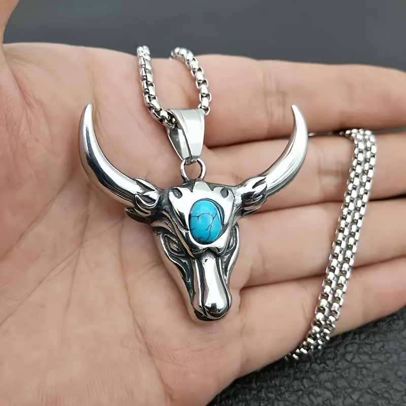 TEMU 1 Piece Of Domineering Bull Head Pendant, Men's Alloy Retro Turquoise Stainless Steel Necklace