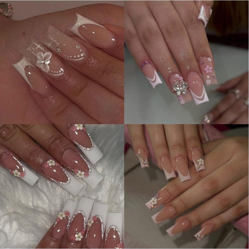 TEMU - 96pcs Glossy Pink Rectangle Artificial Nail, Romantic Press Onnails With 3d Flower, , Design, Fullcoverage Long Coffin Style, Suitable For