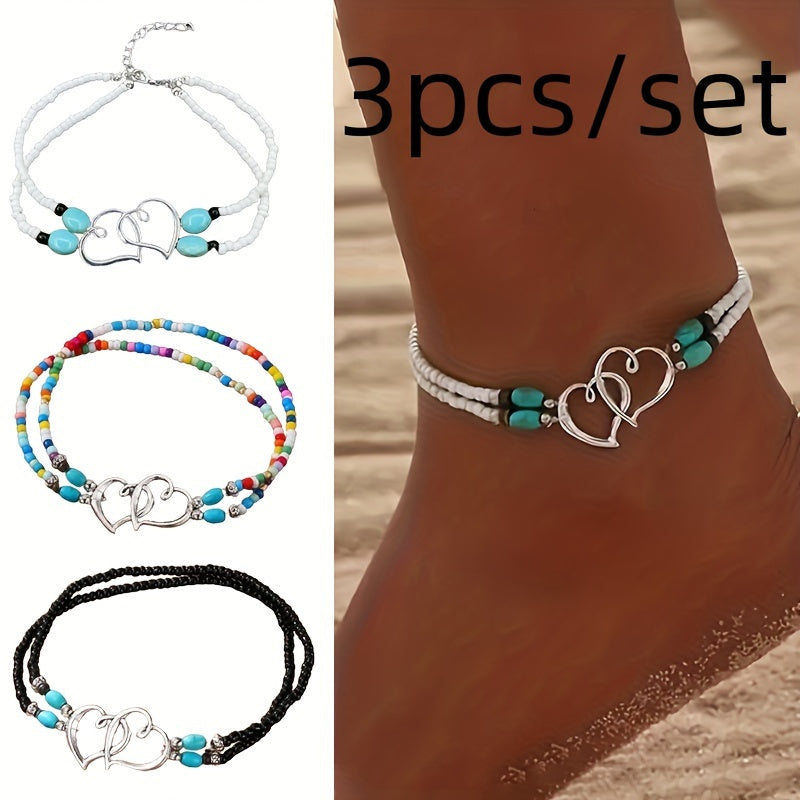 TEMU Boho-chic 3pcs Double-layer Beaded Anklet Set With Heart Charms - Hypoallergenic & Durable, Beach Vacations & Casual Attire