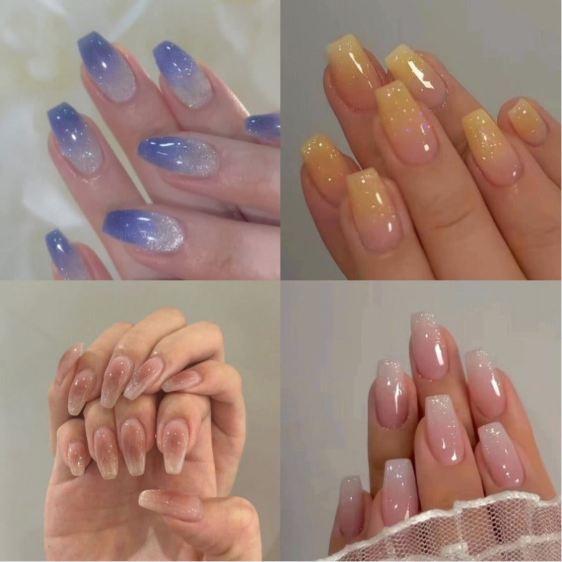 TEMU 96pcs Bling Coffin Press On Nails Fake Gradient Cat Medium Length Glossy Ballet Nails Tips Full Cover Medium False Gradient Nails For Women And