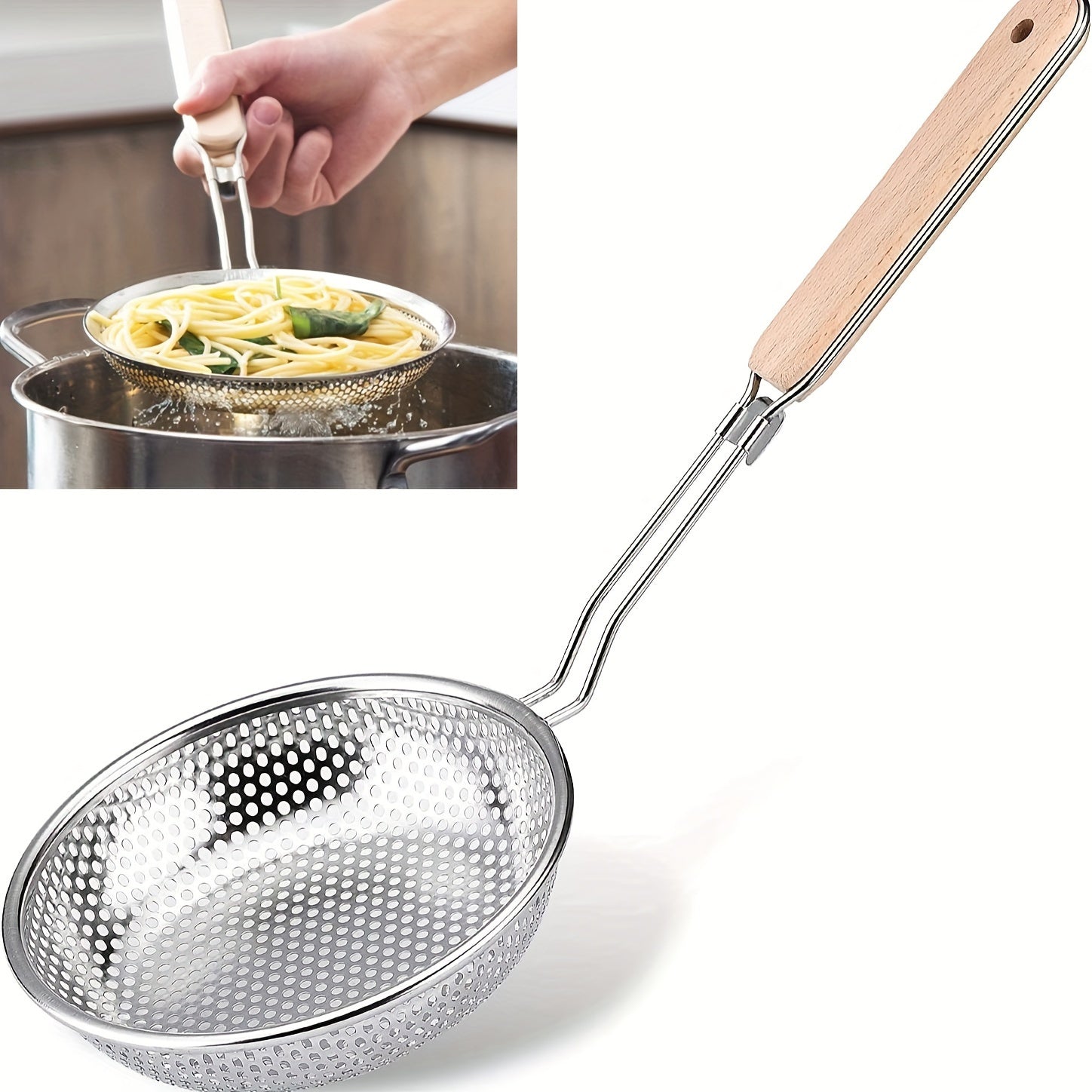 TEMU Stainless Steel Skimmer Spoon With Wooden Handle - Fine Mesh Colander & Strainer For Cooking, Pasta, And Grease Filtering - Essential Kitchen