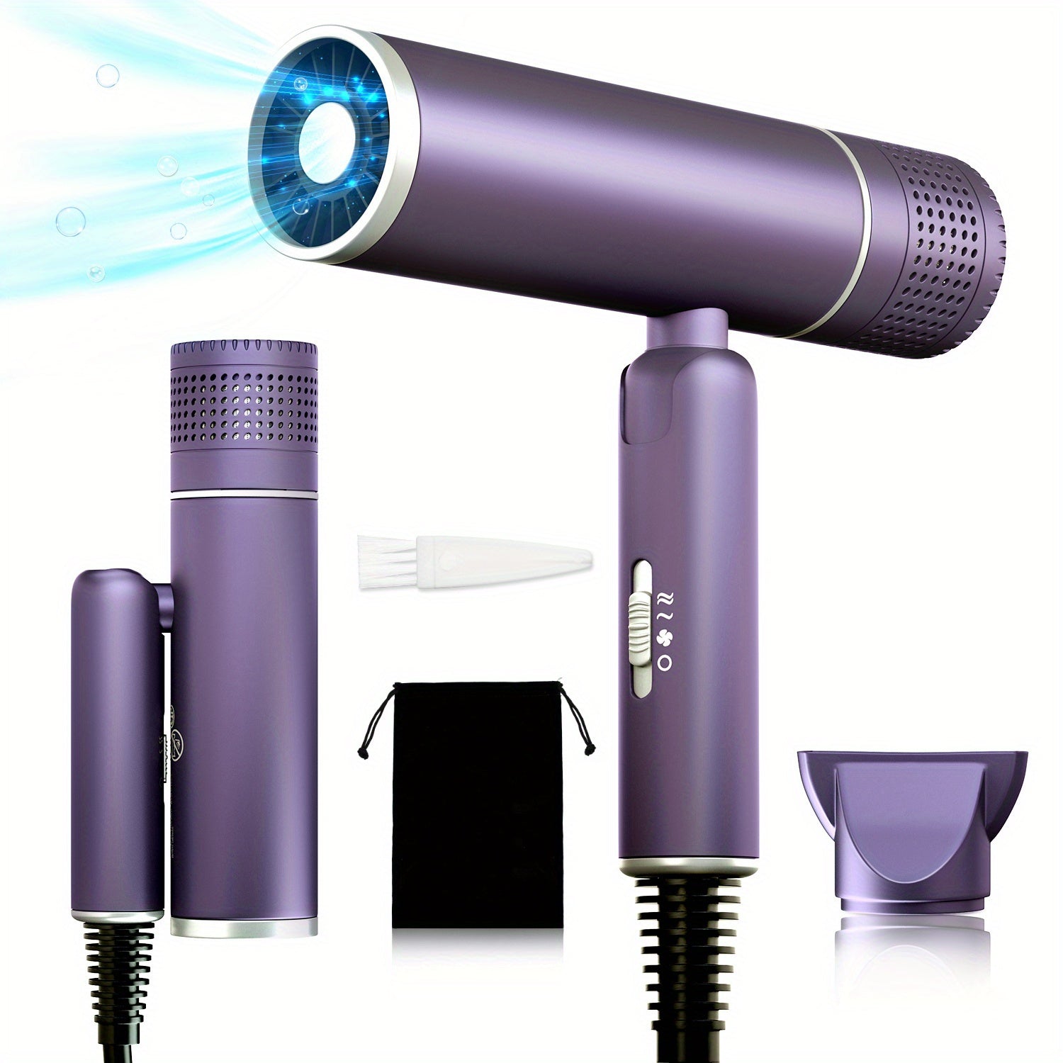 TEMU Foldable Travel Lightweight Hair Dryer With Wind, Professional & Diffuser Attachment - 110, 000 Rpm, Smart Temperature Control, 1600w, 2 Colors