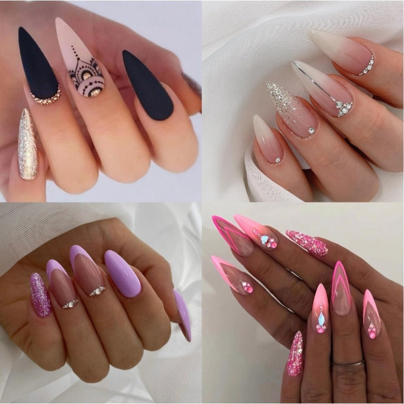 TEMU 96pcs Elegant Almond-shaped Press-on Nails - Medium Length, Purple Black Gradient With Glitter Accents And Rhinestones, Glossy Finish - Women's