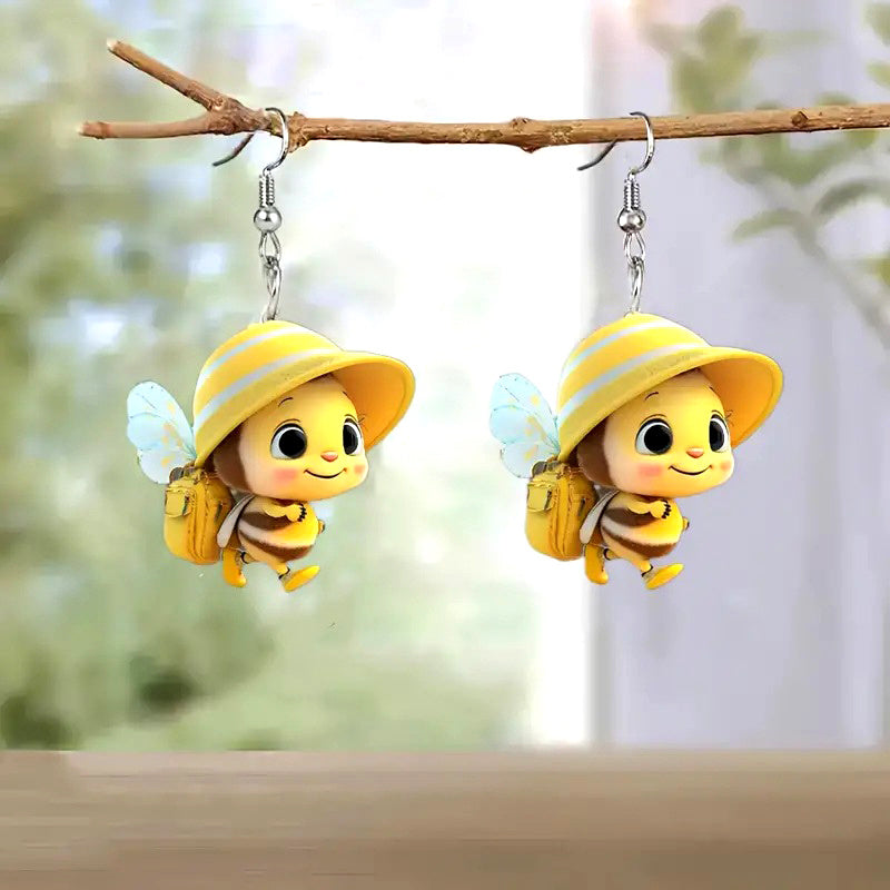 TEMU Pair Of Cute Bee Earrings With Backpack Charm - Stainless Steel Hypoallergenic Lightweight Acrylic Studs, Vibrant Design For Casual Attire &