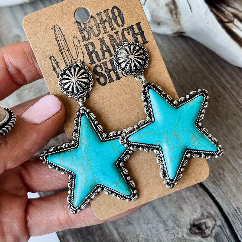 TEMU 1 Pair Boho- Starburst Alloy Earrings For Women - Vintage Style With Cactus & Design, Casual Attire, Hoop Earrings