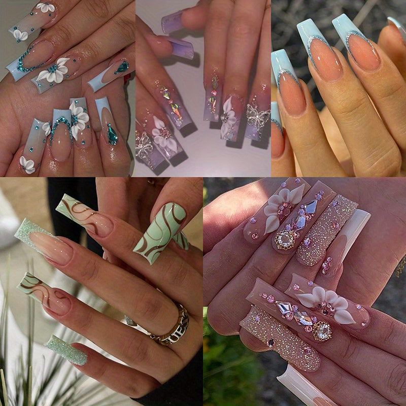 TEMU 120pcs (5pcs) Press On Nail Set - Long Square Nails With And Flora Details, Mixed Purple , Glossy Animal & Plant Pattern, Art Kit For Women And