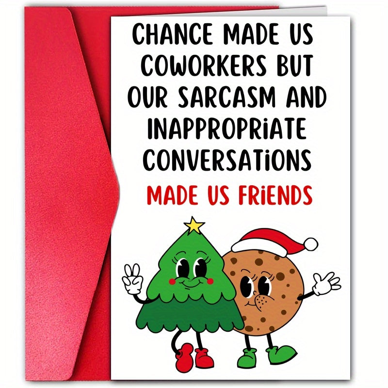 TEMU 1pc Christmas Greeting Card For Colleagues And - Anime-themed Paper Card With Cartoon Christmas Tree And Cookie, Humorous Sarcasm & Conversation