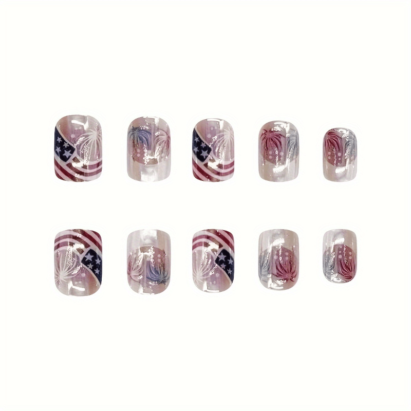 TEMU 24pcs Of Pattern Printed Patch Nails Glossy Short Square False Nails Suitable For Celebration Trendy Ladies Daily For Holiday Parties