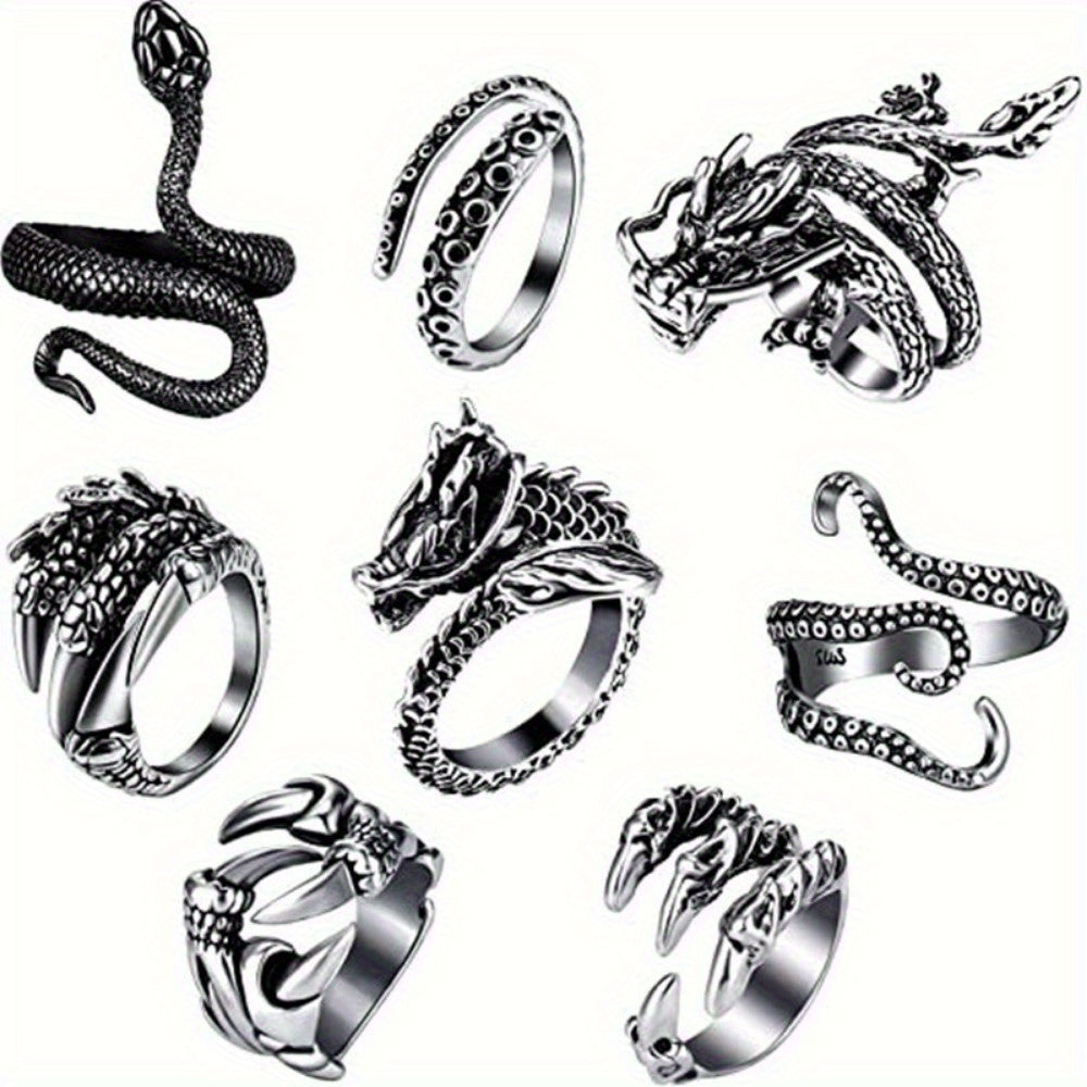 TEMU 8pcs-set, Vintage Dragon And Snake Animal Open Size Rings, Lovers' Accessories Useful Aesthetic Stuff Cool Gadgets