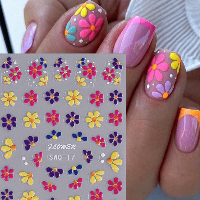 TEMU Vibrant 5d Embossed Flower Nail Stickers - Semi-glossy, Self-adhesive Floral Decals For Diy Manicure, Reusable Summer Nail Art Decor, 3 Sheets,