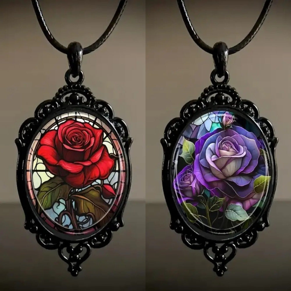 TEMU 2pcs Oval Glass Flower Pattern Pendant Necklaces, Vintage Black Photo Frame Style Necklace For Women, Creative Gift, Romantic Jewelry