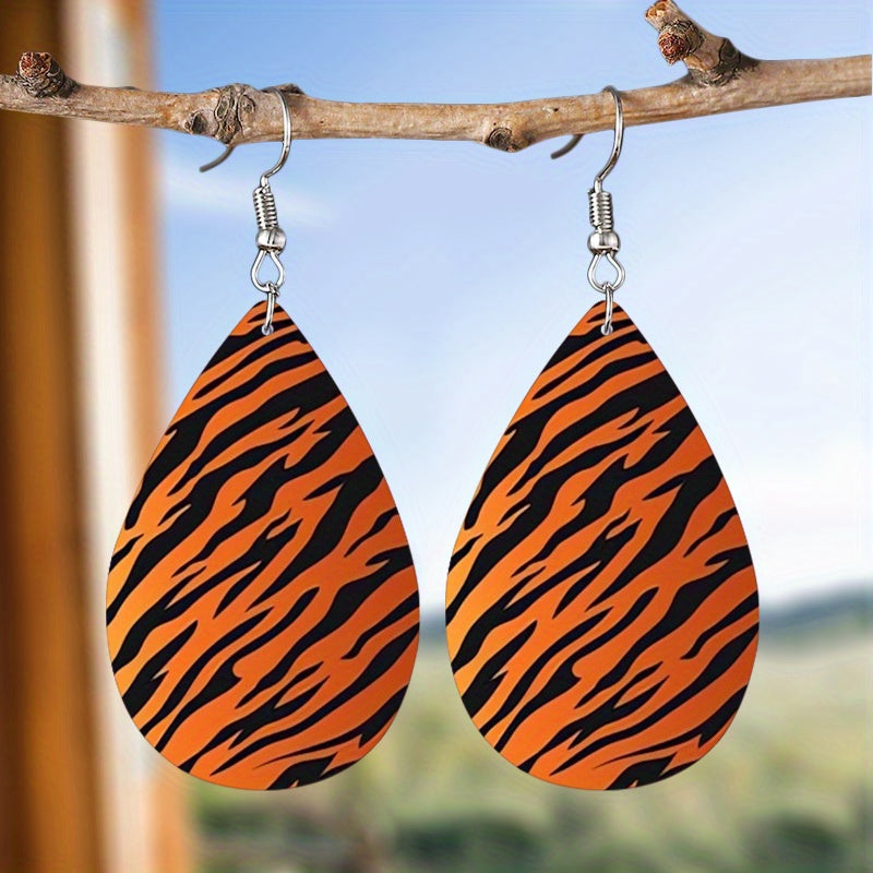 TEMU Women'-sided Leopard Print Pu Teardrop Earrings - Y2k & Classic Large Statement Dangle Hoops, Stripe Pattern, Versatile Jewelry For Daily Wear &