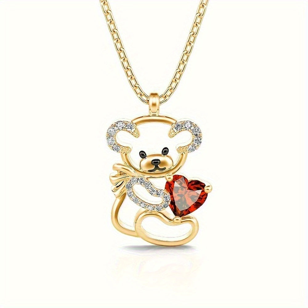TEMU Chic Golden-tone Bear Pendant Necklace With Sparkling Accents & Heart Charm - Elegant Teenager's Jewelry, Casual Attire Or Special Occasions,