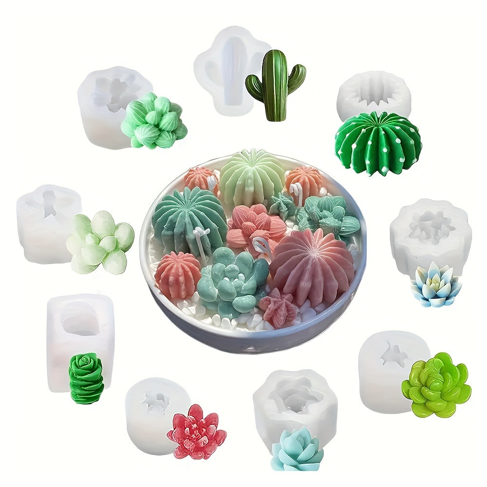 TEMU 9pcs Succulent & Cactus Silicone Candle Mold Set - 3d Floral And Green For Diy Scented Candles, Wax, Resin Crafting - Versatile, , Candle Making