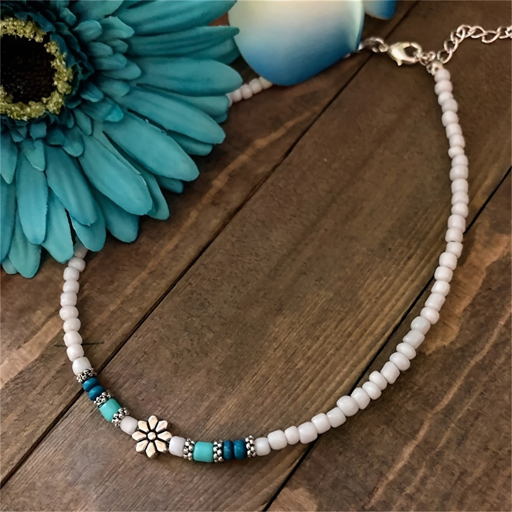 TEMU Bohemian Minimalist Beaded Choker Necklace With Flower Pendant, Zinc Alloy, Surfer Beach Jewelry For Women, Accessory