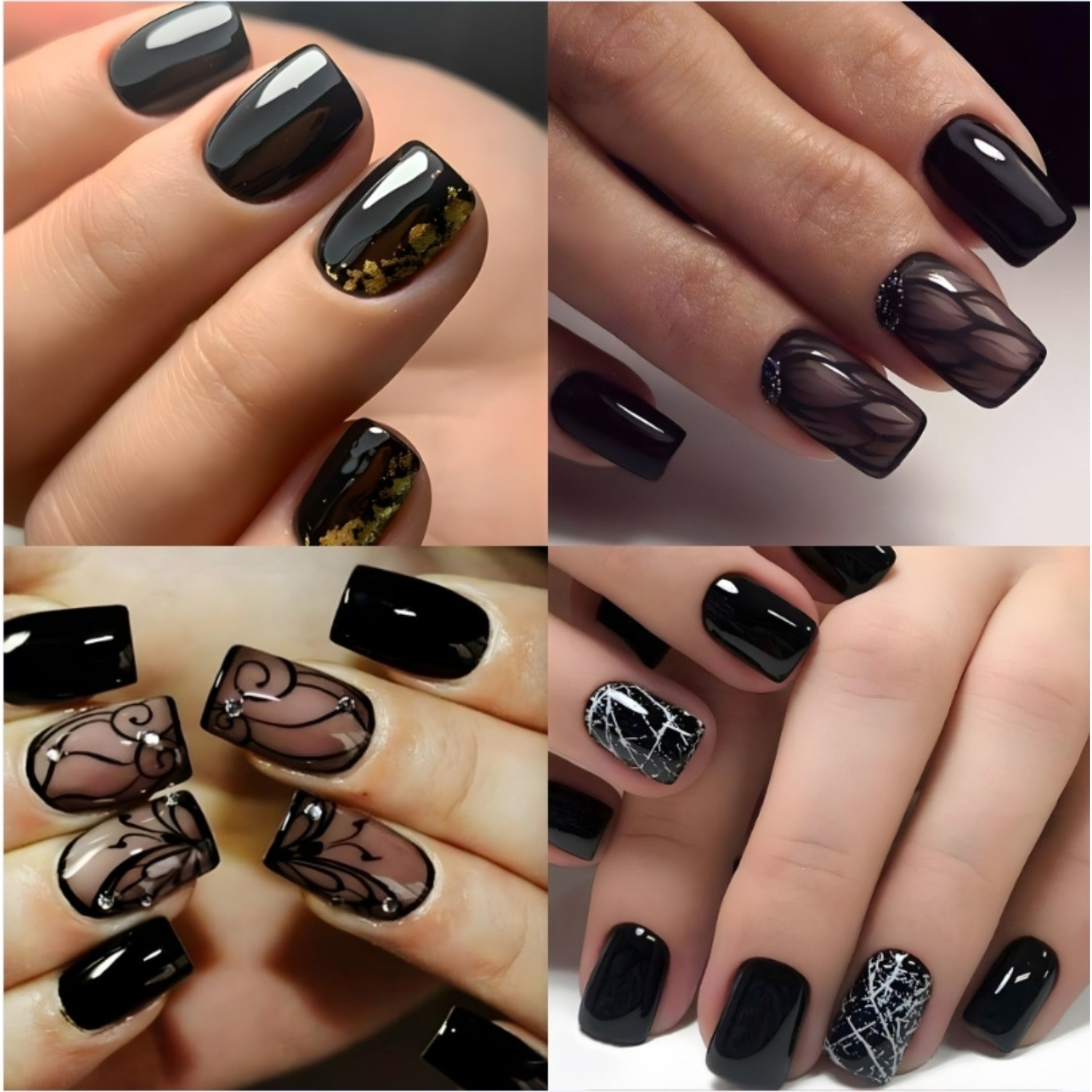 TEMU 96 Pcs Black Press On Nails Short Square - Cute Summer Fake Nails Glossy False Nails Press Ons Full Cover Nail Tips With Ice Design Acrylic Nail