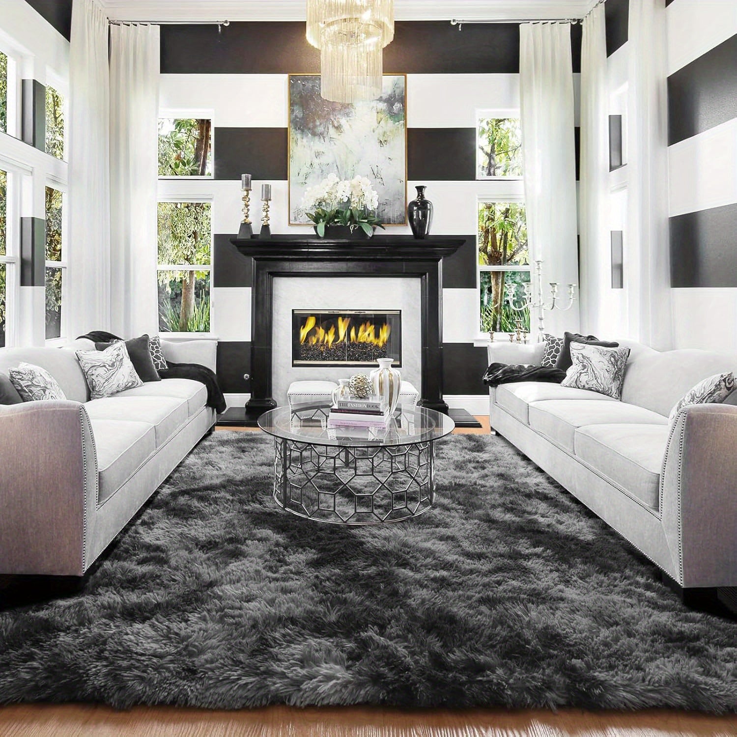 TEMU Luxury Dark Rugs For Living Room Tie-dyed Fluffy Fuzzy Abstract Thick Soft Floor Mat For Bedroom, Non Slip Gray Shaggy For Home Decor Aesthetic