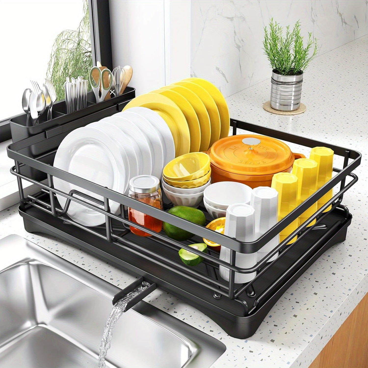 TEMU Large Capacity Dish Drying Rack For Kitchen Counter - Rustproof Metal Dish Drainer With & Utensil Holder, Space-saving Design, Non-slip Feet,