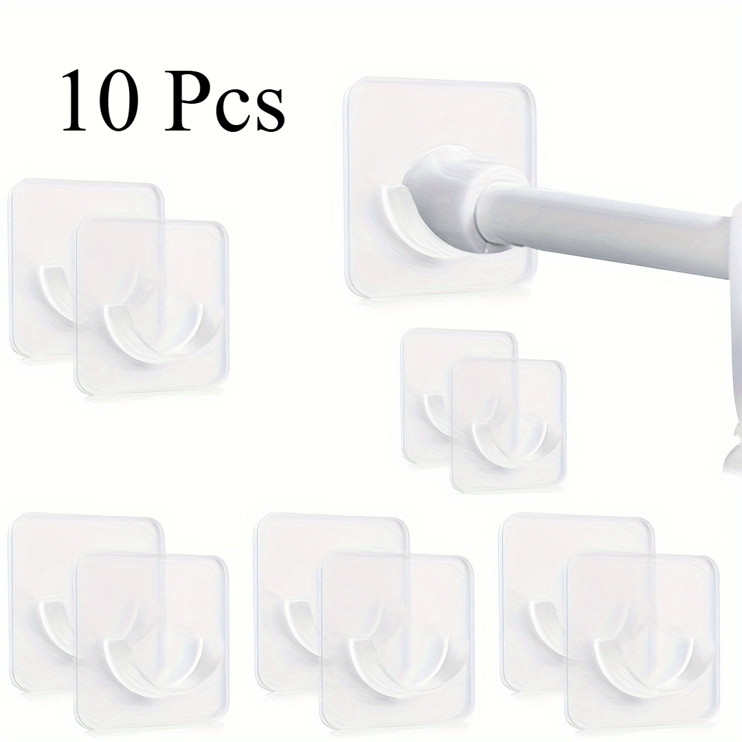 TEMU 10pcs Clear Adhesive No Drill Curtain Rod Holders - Waterproof Bathroom & Window Tension Rod Holders, Wall-mounted With Curved Design For