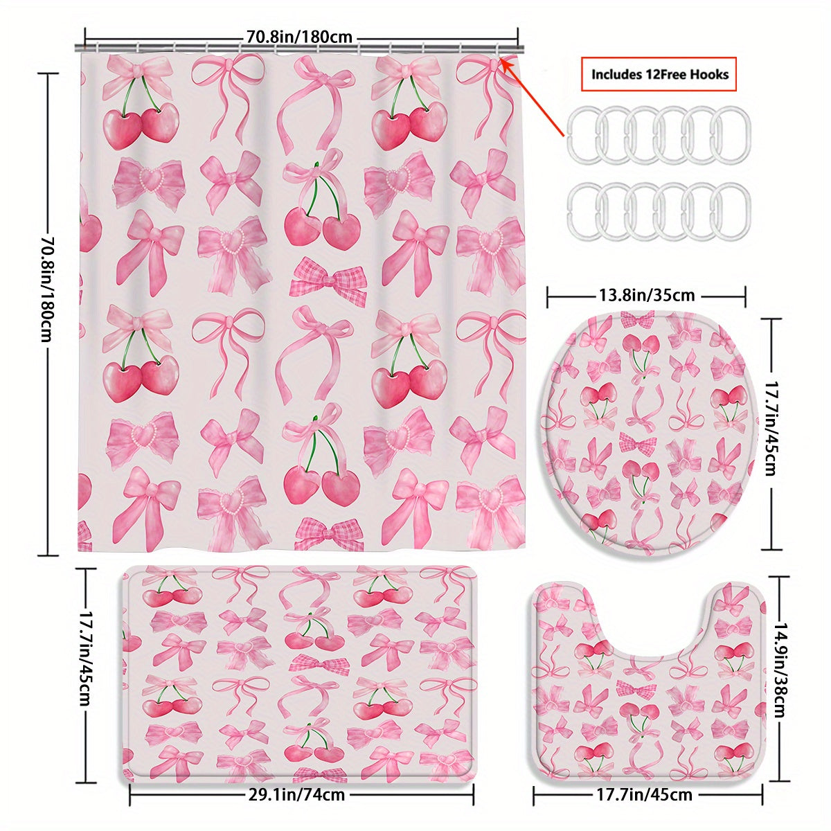 TEMU 4pcs Cherry Bow Shower Curtain Sets, Pink Fruit Background Bathroom Waterproof Shower Curtain, Bath Mat, Toilet Lid Rug, Non-slip U Shape Mat,