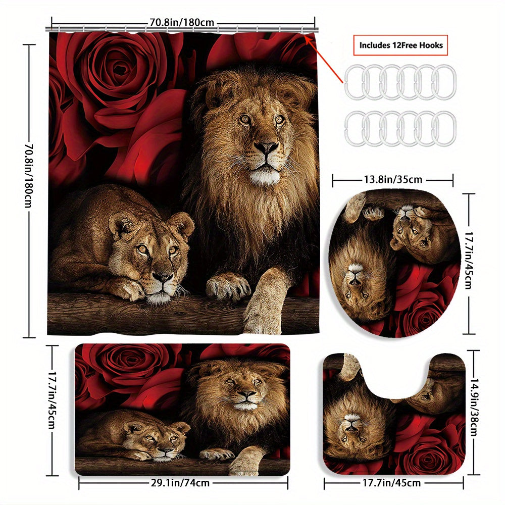 TEMU 4pcs Lion Curtain Shower Curtain Decoration, Beautiful Housewarming Gift, Decoration, Waterproof Shower Curtain And Toilet Floor Mat 3 Piece Set