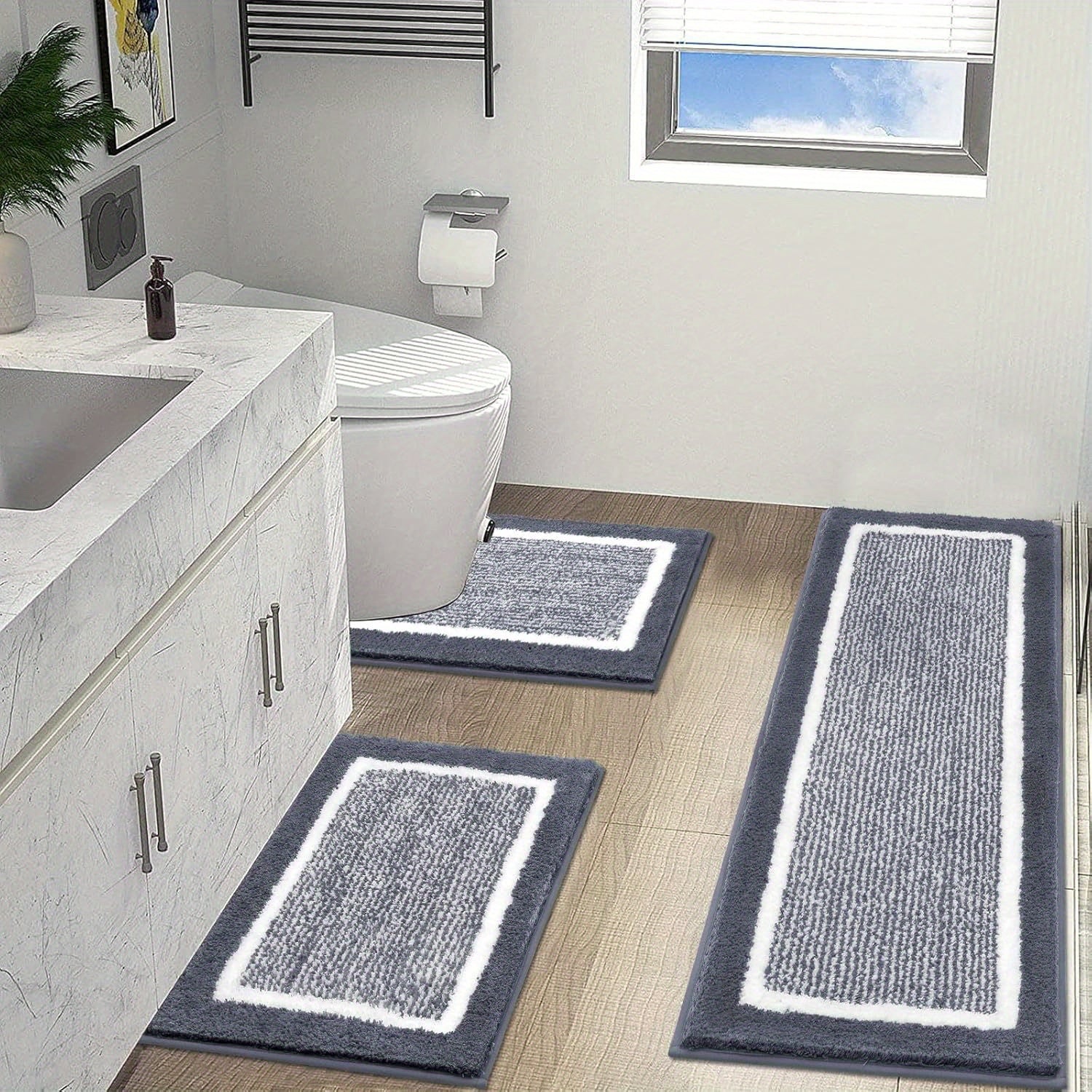 TEMU Bathroom Rug Set 3pcs Non Slip Absorbent Bath Mats For Bathroom Sets Washable Microfiber Bathroom Rugs And Mats Shaggy Bath Rugs And U-shaped