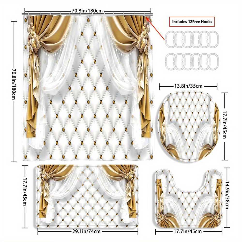 TEMU 4pcs White Curtain Shower Curtain Decoration, Beautiful Housewarming Gift, Decoration, Shower Curtain And Toilet Floor Mat 3 Piece Set With 12