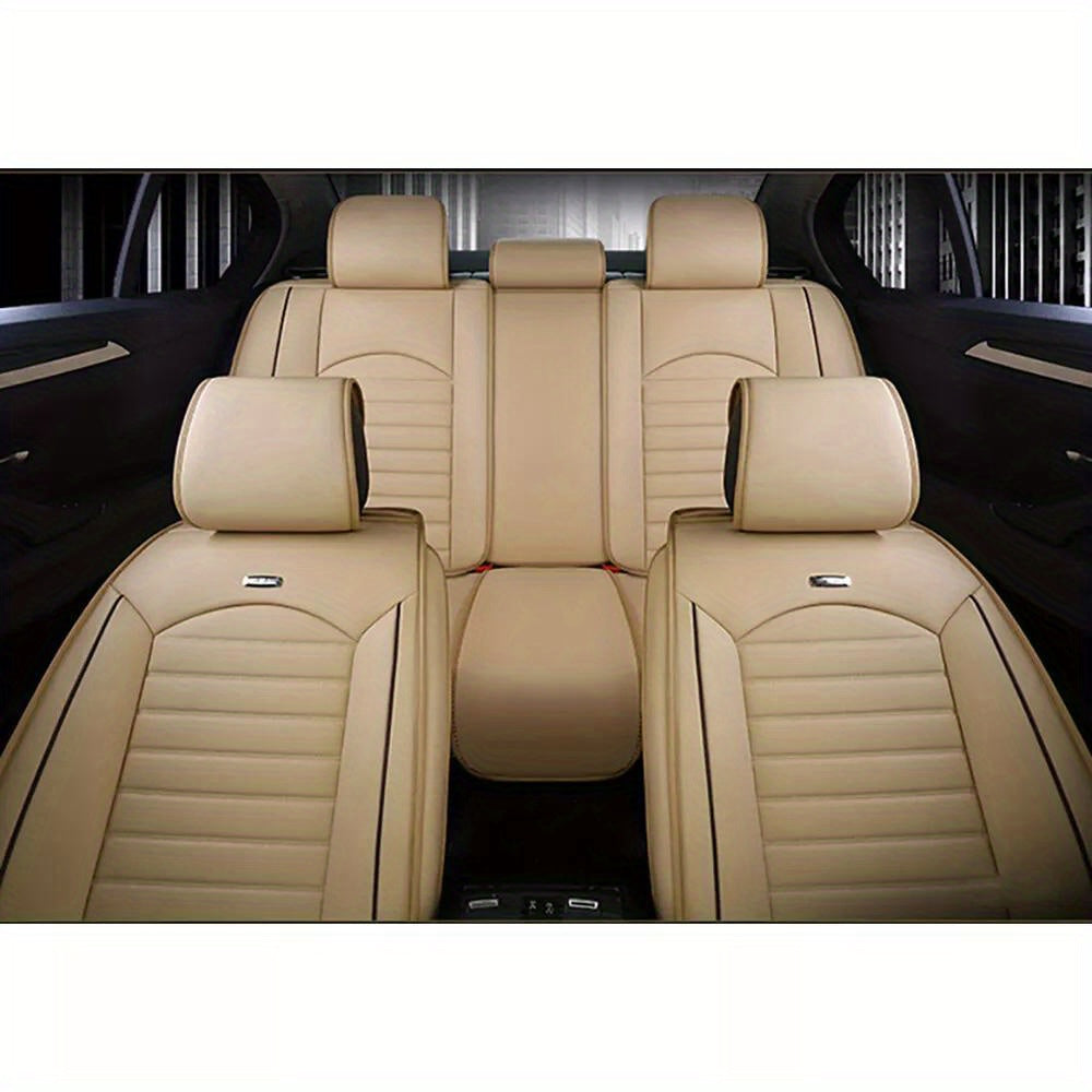 TEMU Universal 5 Seat Car Seat Cover, Full Set Premium Pu Leather Waterproof Front Rear Cushion Protector Interior Decor 4 Season Use For Most