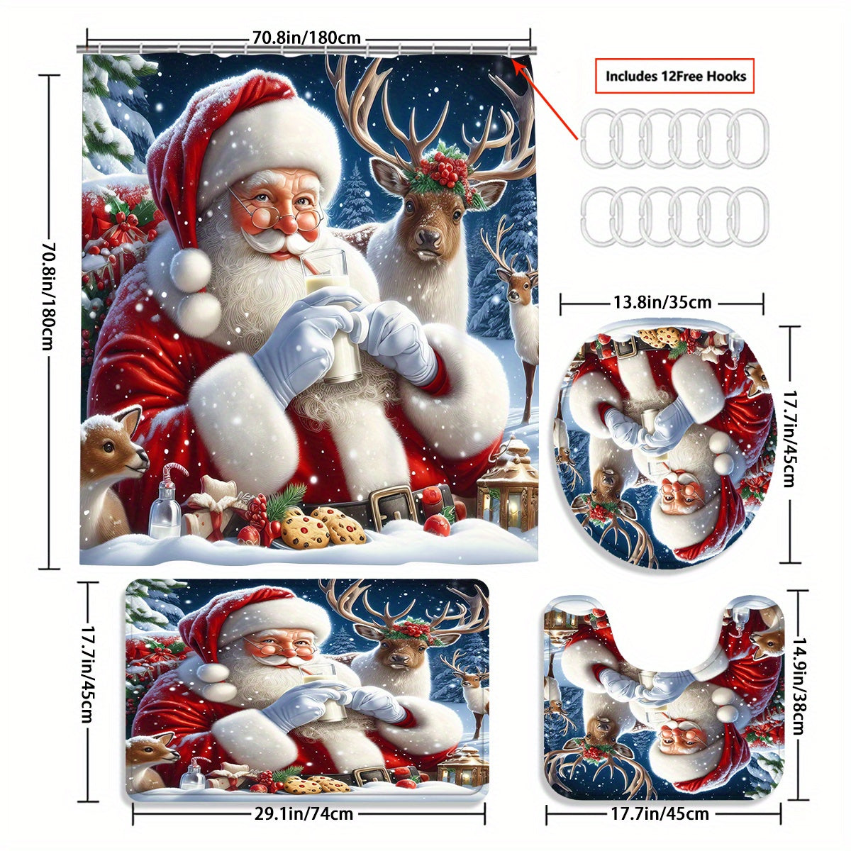 TEMU 4pcs Christmas Shower Curtain Sets, Christmas Decorations, Santa Claus, Christmas Elk, Waterproof Bathroom Shower Curtain, Bath Mat, Toilet Lid