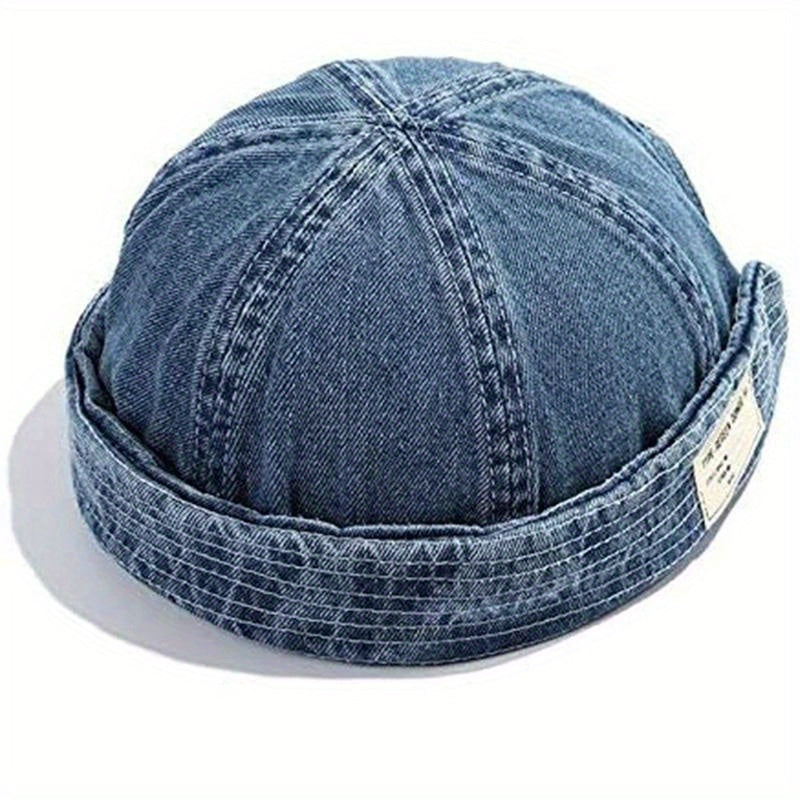 TEMU 1pc Brimless Gorro Hombre Docker Denim Hat Men Women Retro Sailor Melon Snapback Bomber Caps Washed Cowboy