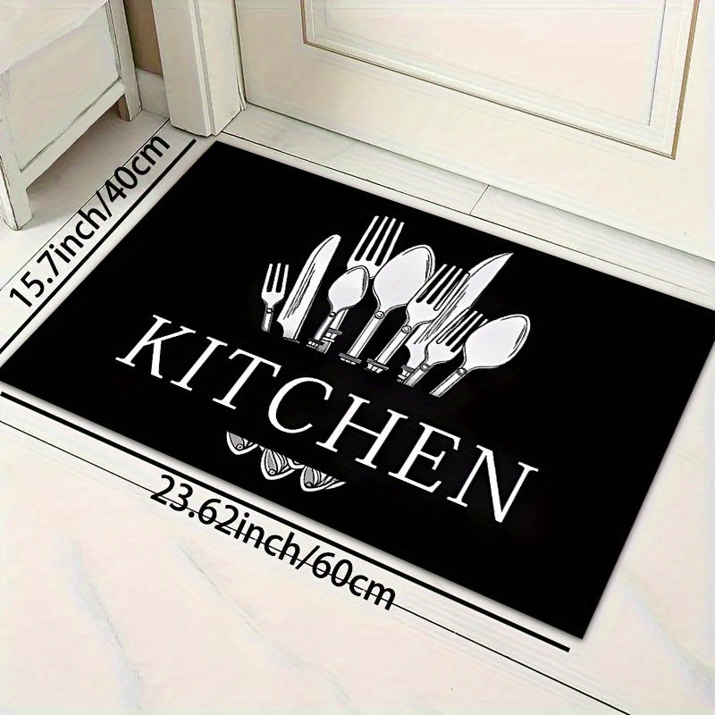 TEMU 1pc Kitchen Rugs, Kitchen Floor Mat, Kitchen Decoration And Accessories, Kitchen Supplies, Black Knife And Fork Pattern, Verysuitable For Home